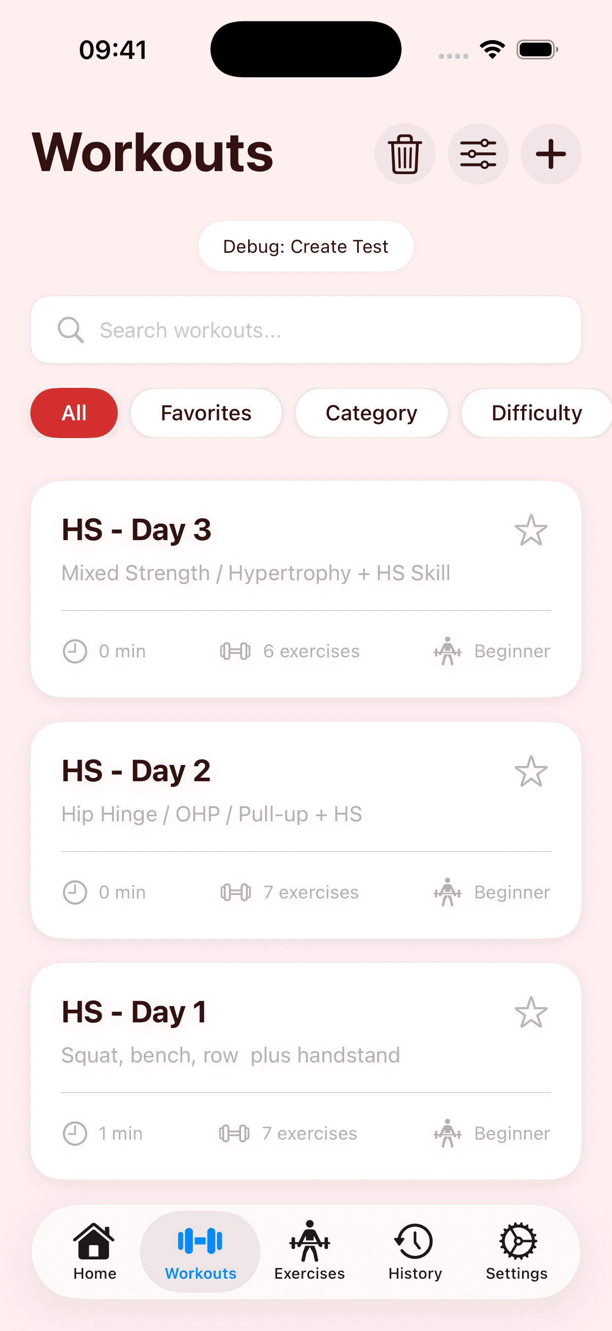 GainStrong Workouts screen showing workout list